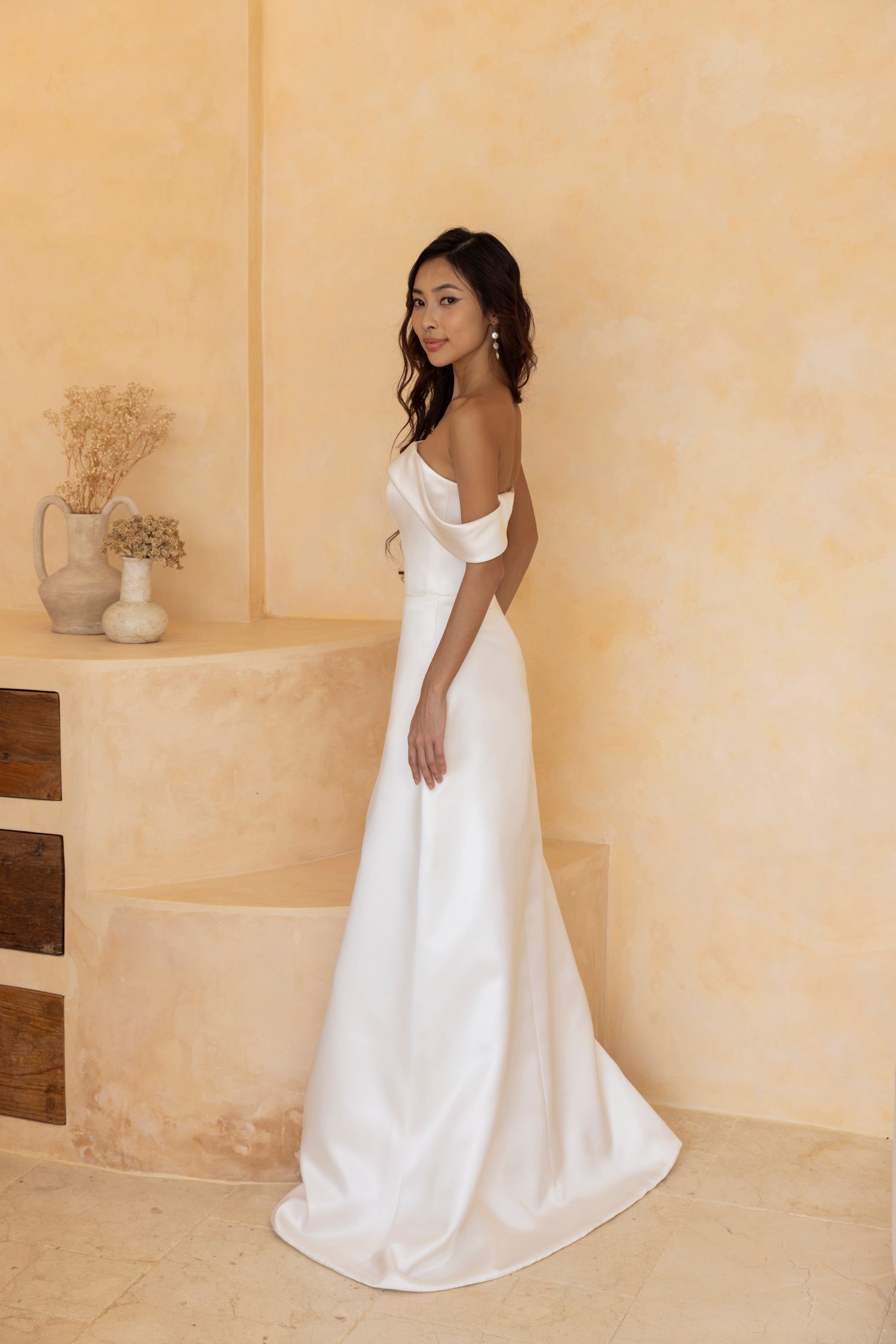 Indy - Asymmetrical Off-Shoulder Satin Wedding Dress | The Wolf and Lily Indy - Asymmetrical Off-Shoulder Satin Wedding Dress | The Wolf and Lily